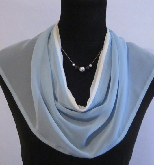 Bib style baby blue and white chiffon scarf with split at back - Style Showroom 