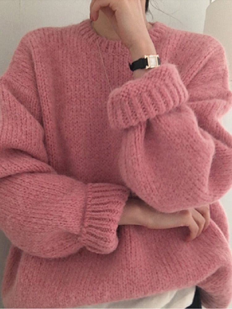 Womens Pink Wool and Acrylic Puff Sleeve Jumper
