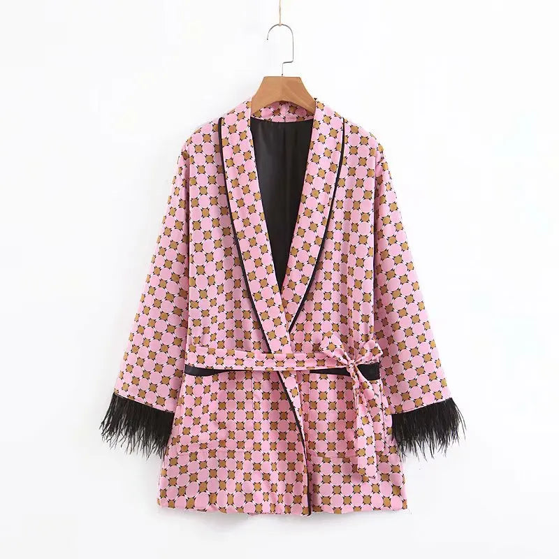 Ladies Two Piece Vintage Style Kimono Jacket with Synthetic Feather Trimmed Sleeves and wide Leg Trousers