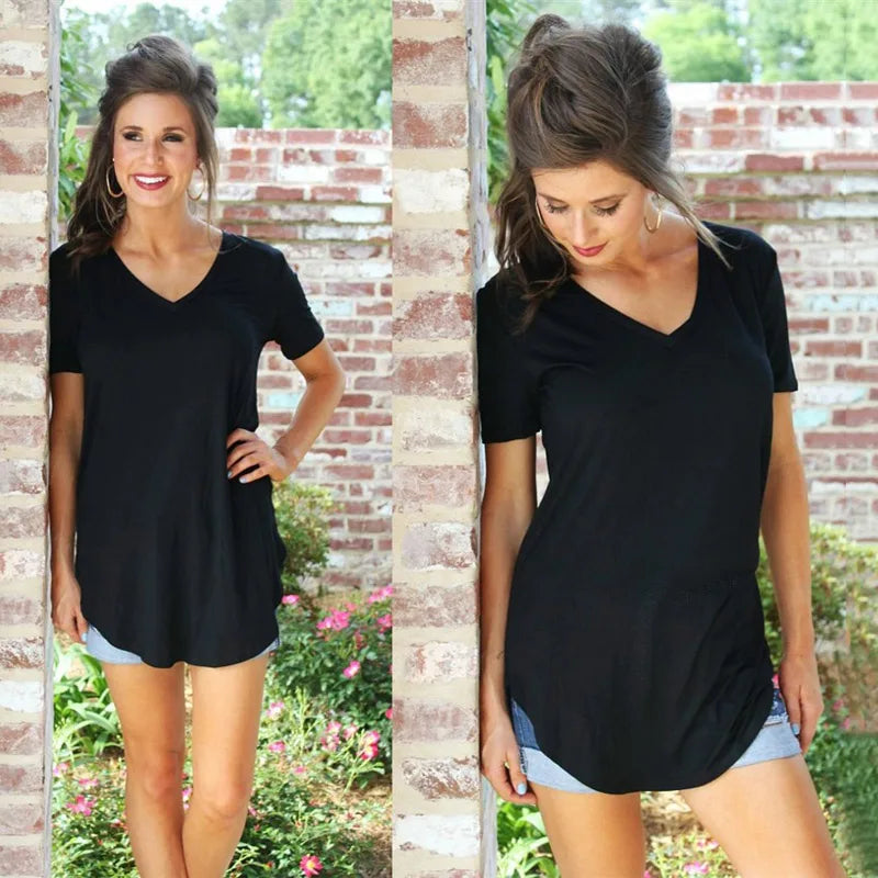 Ladies Short Sleeves Long Loose Fit T Shirt With V Neck