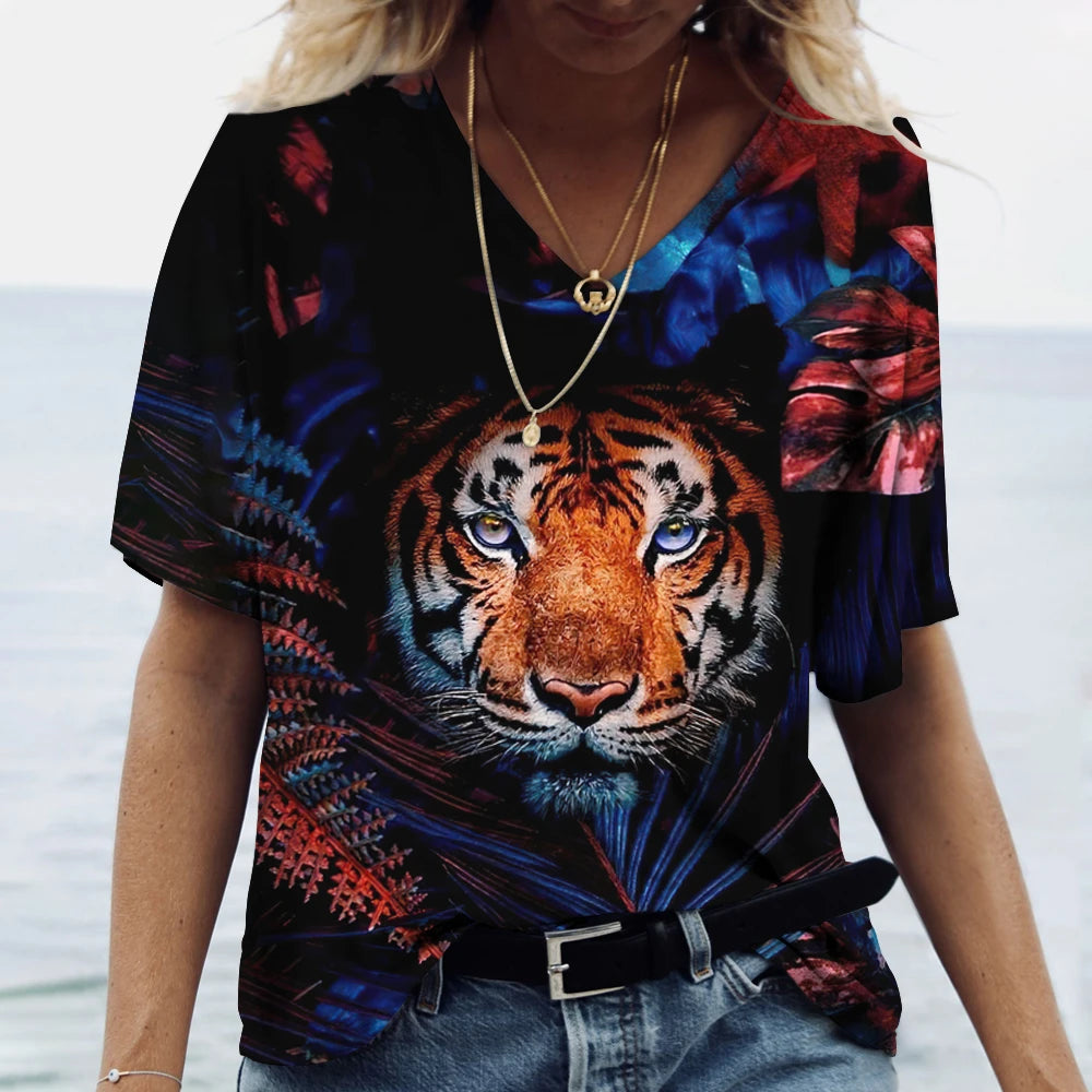 Ladies Multi Coloured Oversized V-neck Lion Print T-shirt