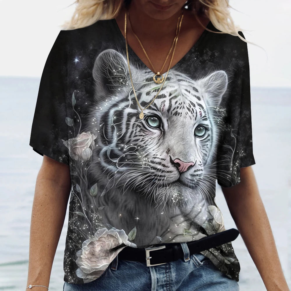 Ladies Multi Coloured Oversized V-neck Lion Print T-shirt