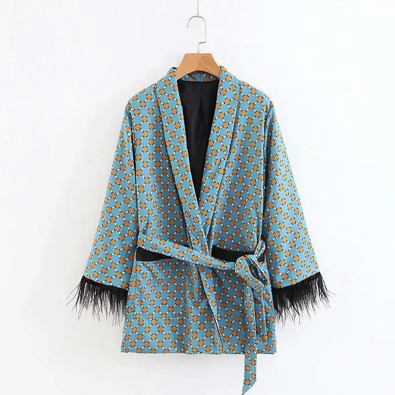 Ladies Two Piece Vintage Style Kimono Jacket with Synthetic Feather Trimmed Sleeves and wide Leg Trousers