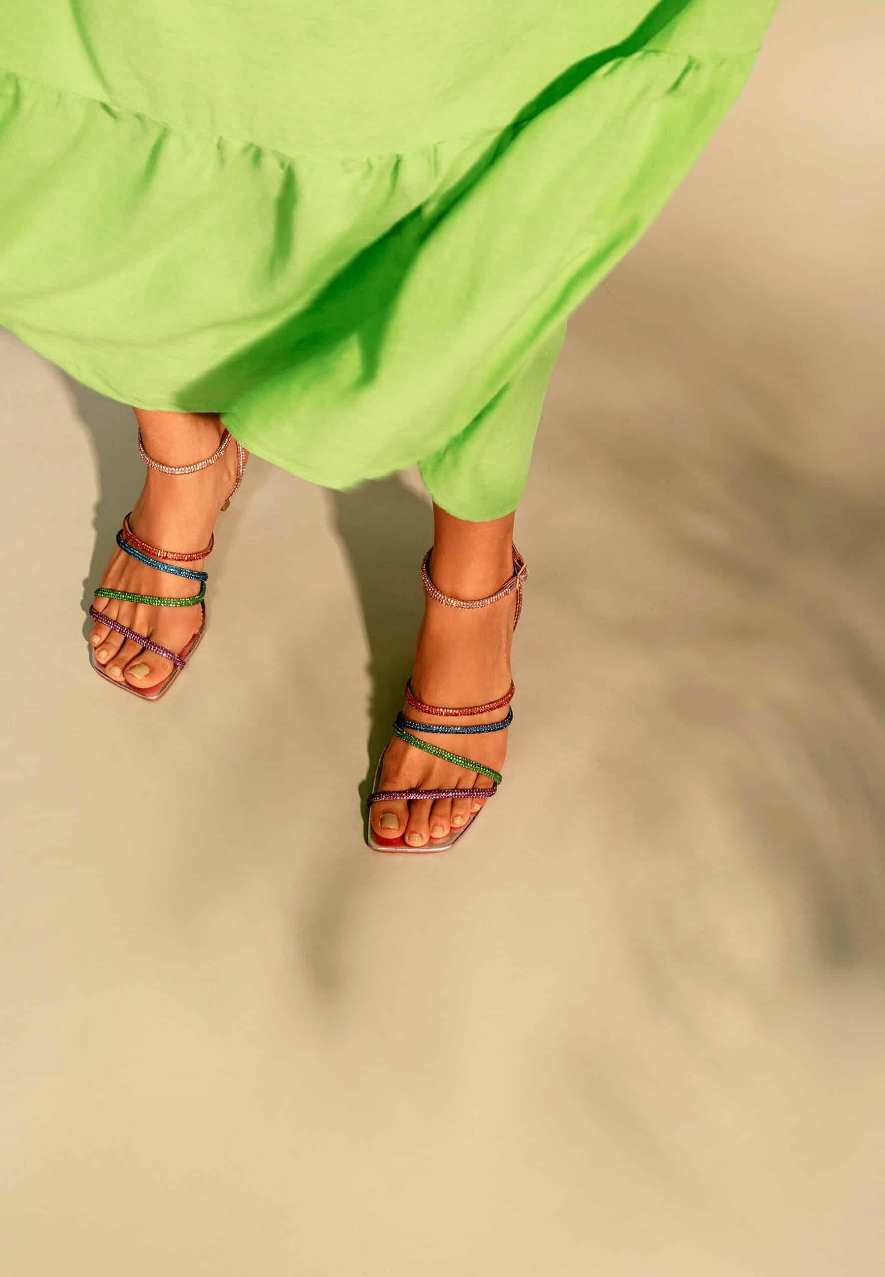 Woman wearing Ladies Purple Ankle Strap Sandals with Heels.