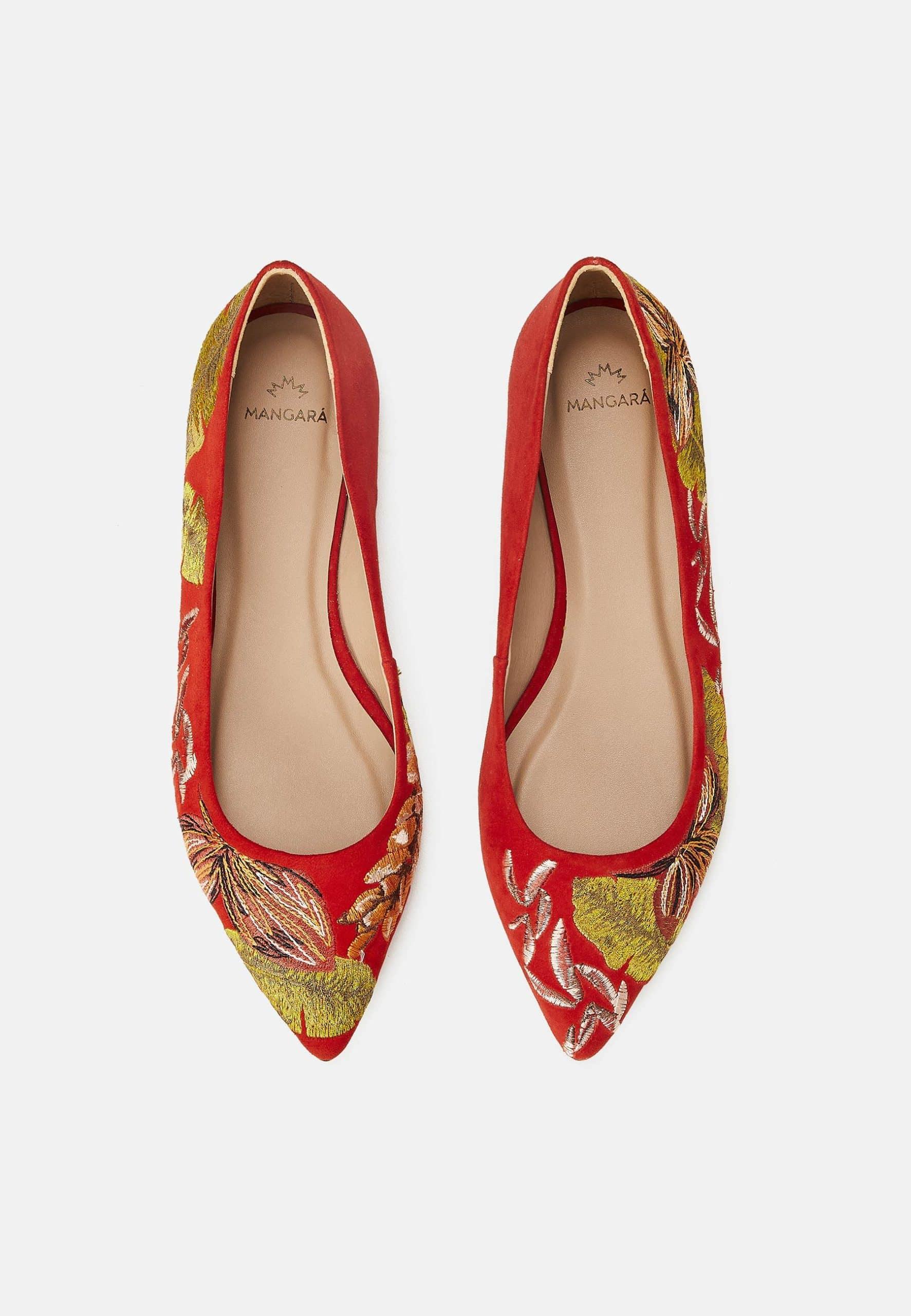 Ladies Red Suede Ballerinas with Floral Embroidery.