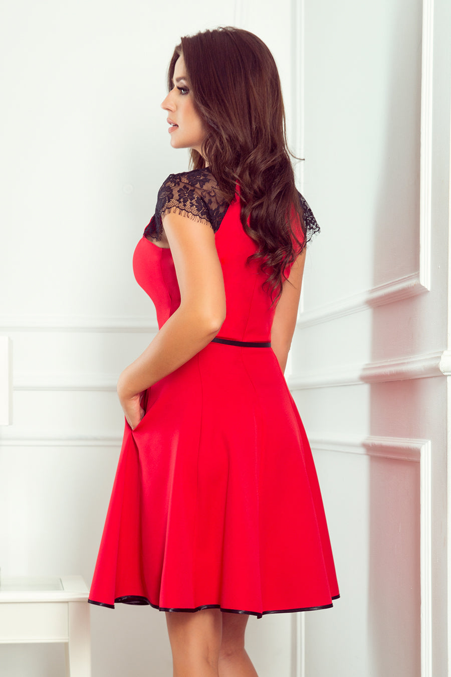 Ladies Red Dress with Belt and Lace Inserts