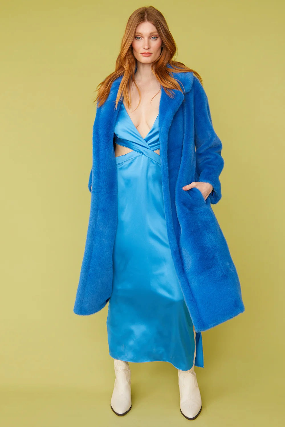 Ladies Electric Blue Faux Fur Midi Duchess Coat-0