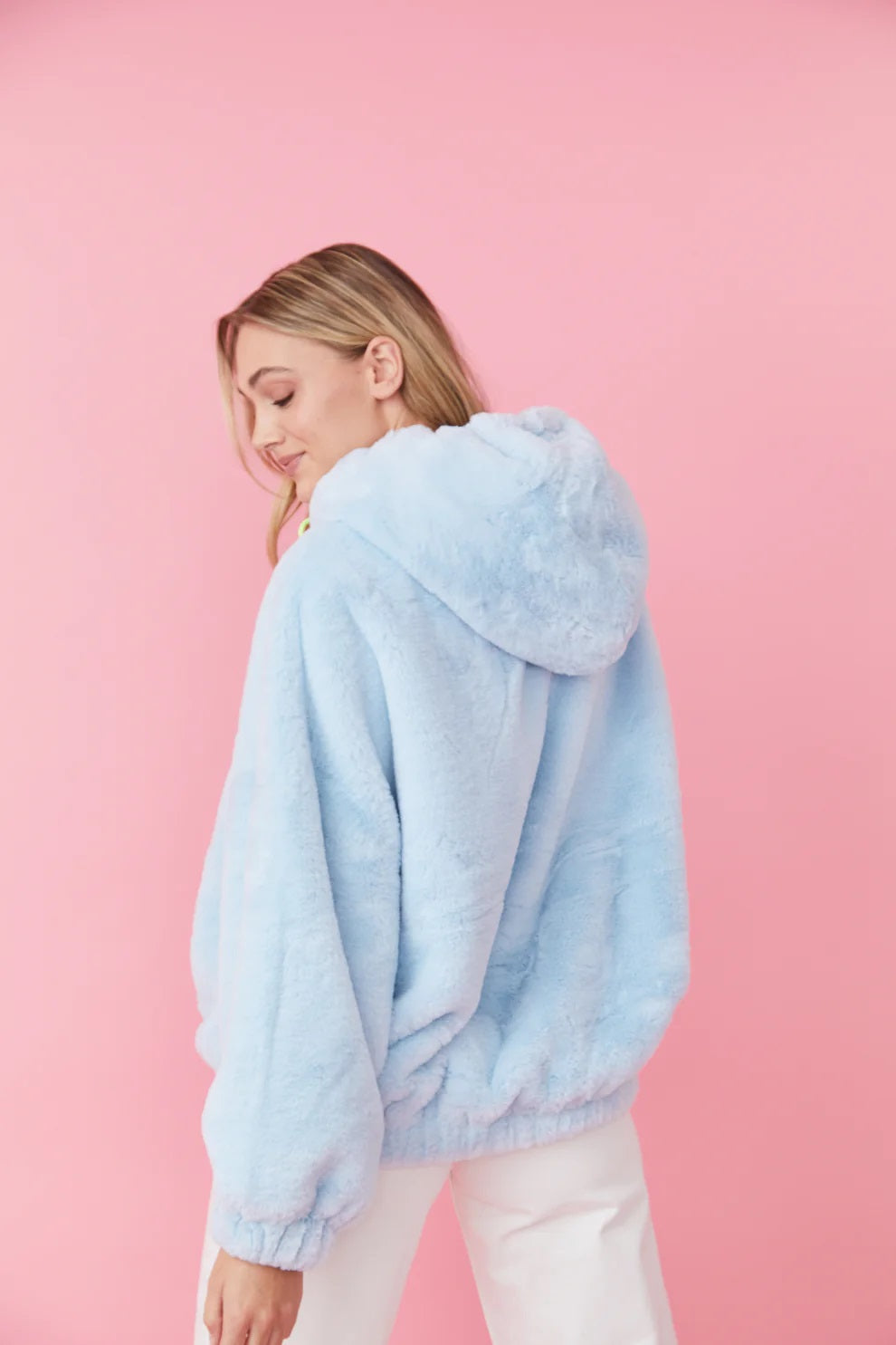 Ladies Faux Fur Oversized Light Blue Hoodie-3