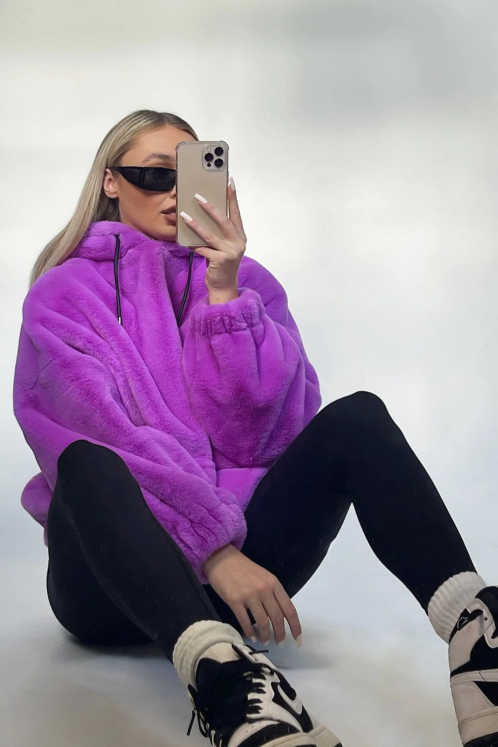 Ladies Faux Fur Oversized Purple Hoodie-3