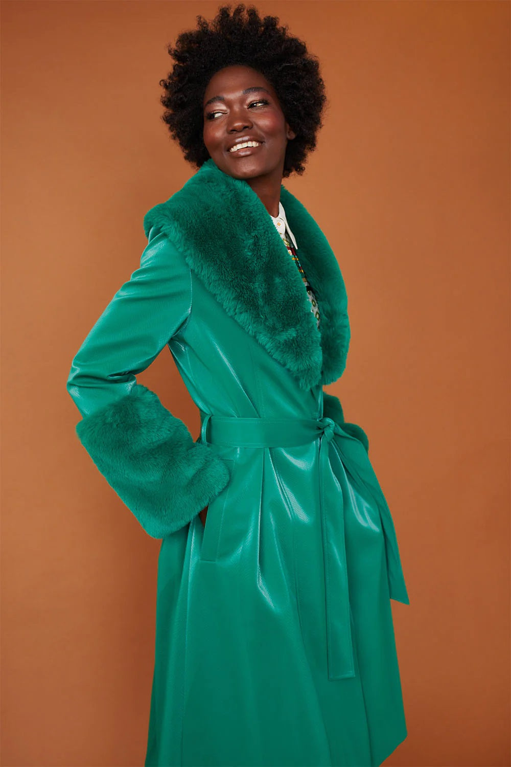 Ladies Green Faux Suede Trench Coat with Faux Fur Collar and Cuffs-1