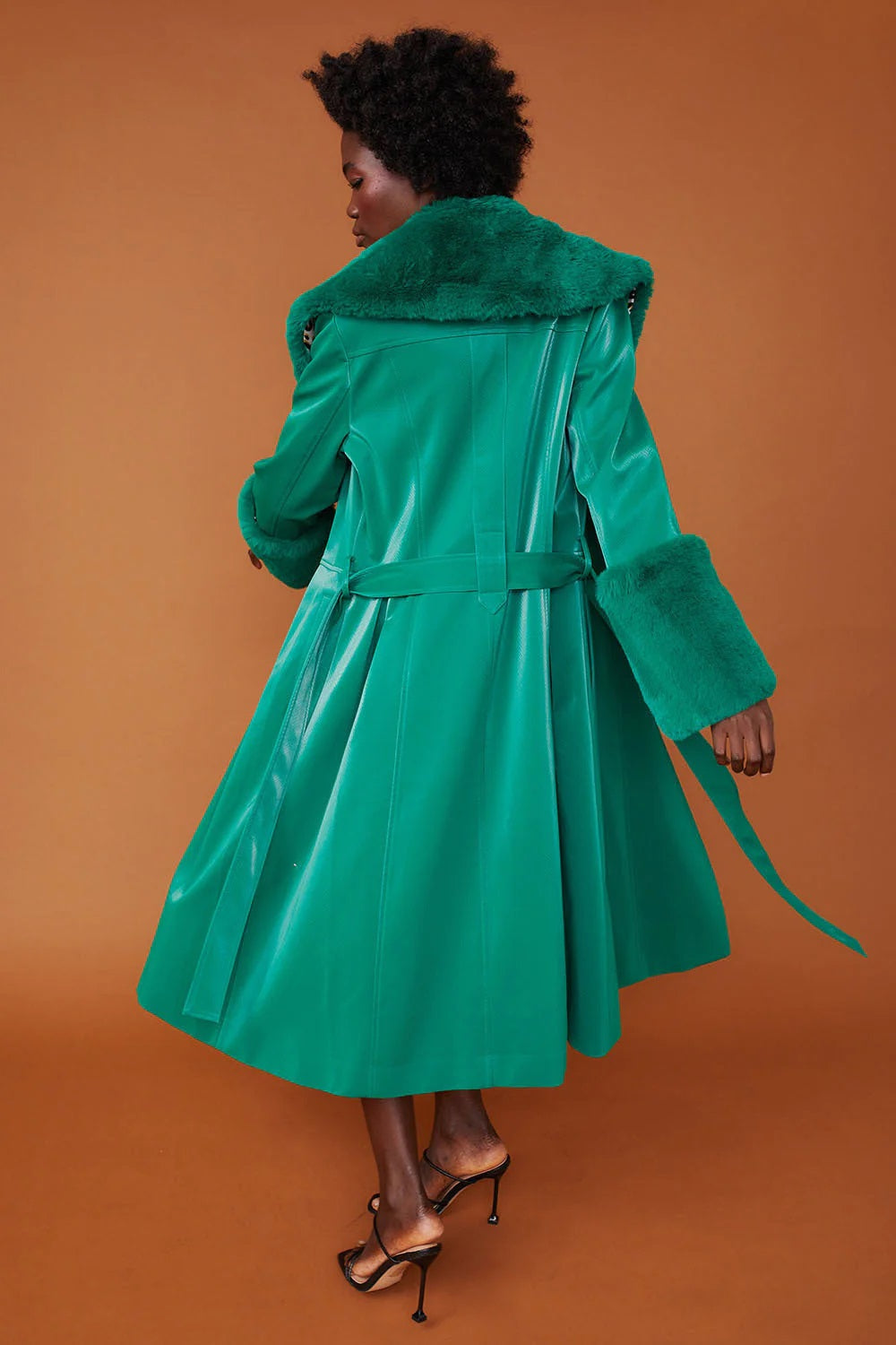 Ladies Green Faux Suede Trench Coat with Faux Fur Collar and Cuffs-3