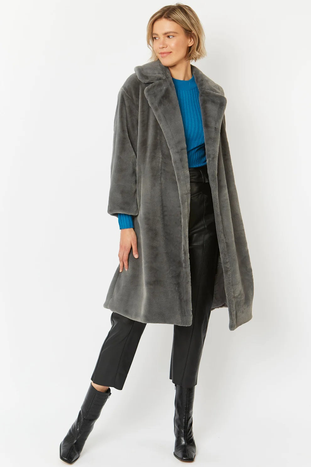 Ladies Grey Faux Fur Midi Shearling Coat-1