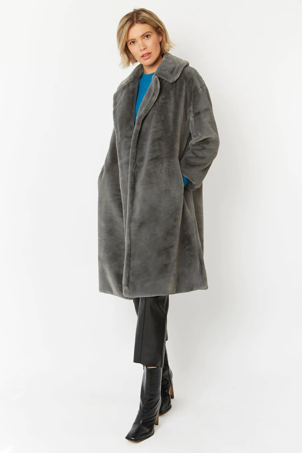Ladies Grey Faux Fur Midi Shearling Coat-2