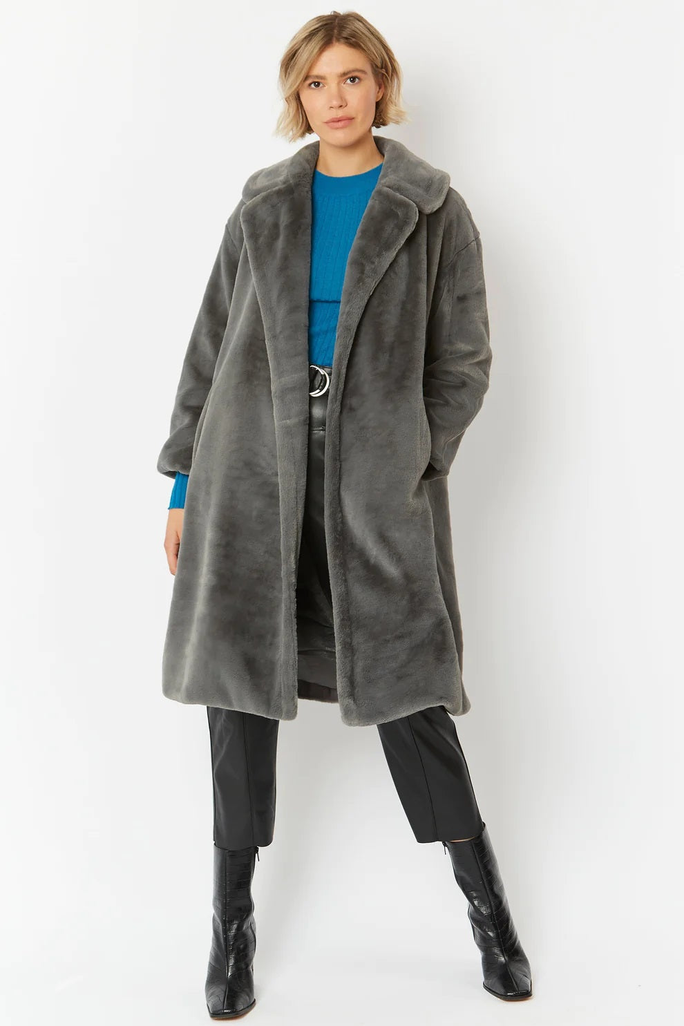 Ladies Grey Faux Fur Midi Shearling Coat-0