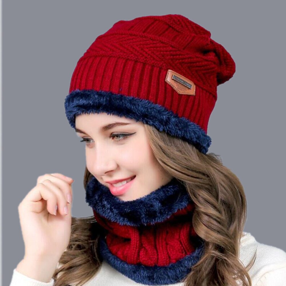 Men and Womens Knitted Polyester Winter Hat and Neck Warmer Set