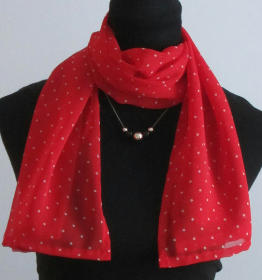 Ladies Red Chiffon Scarf With White Polka Dots