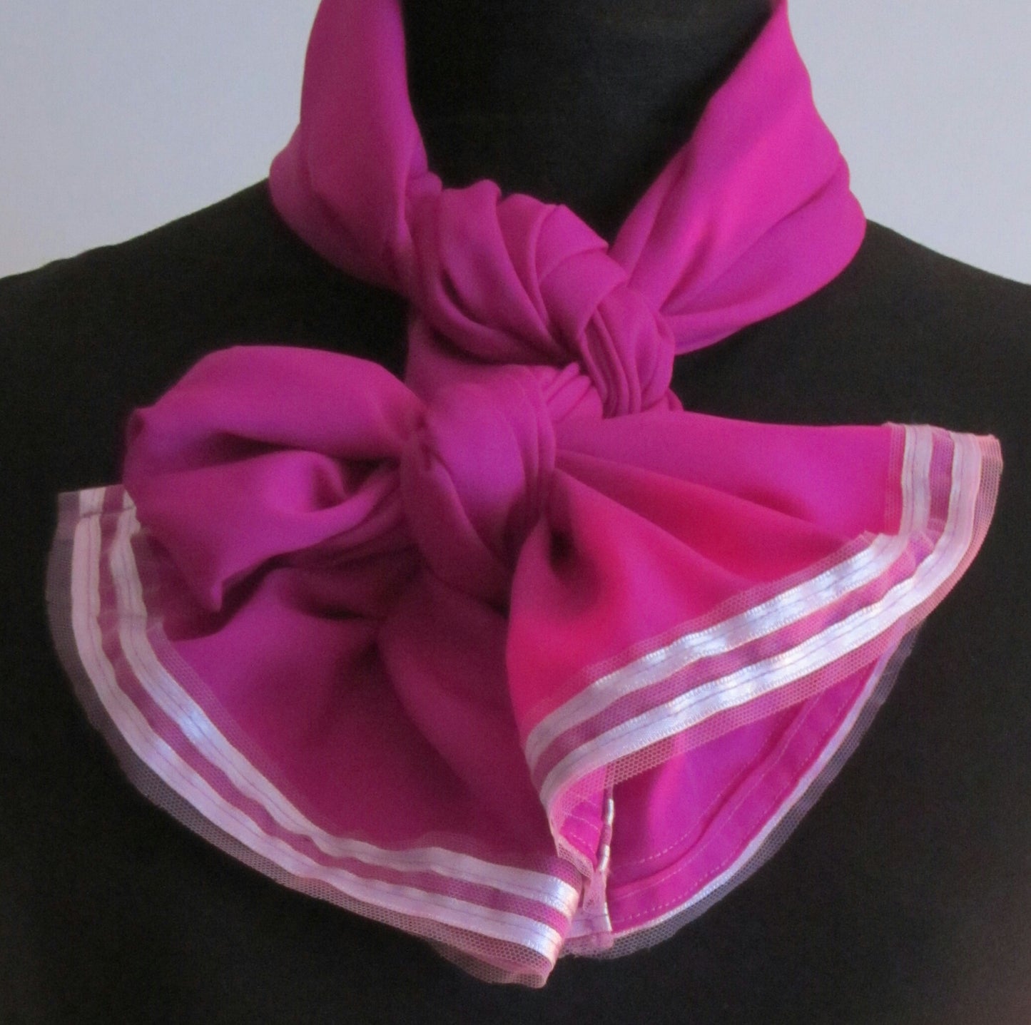 Ladies Cerise Crepe Scarf With Lilac Ribbon And Net Trim