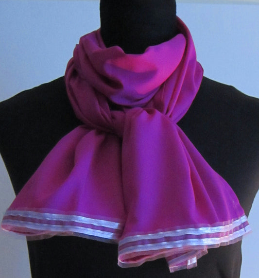 Ladies Cerise Crepe Scarf With Lilac Ribbon And Net Trim