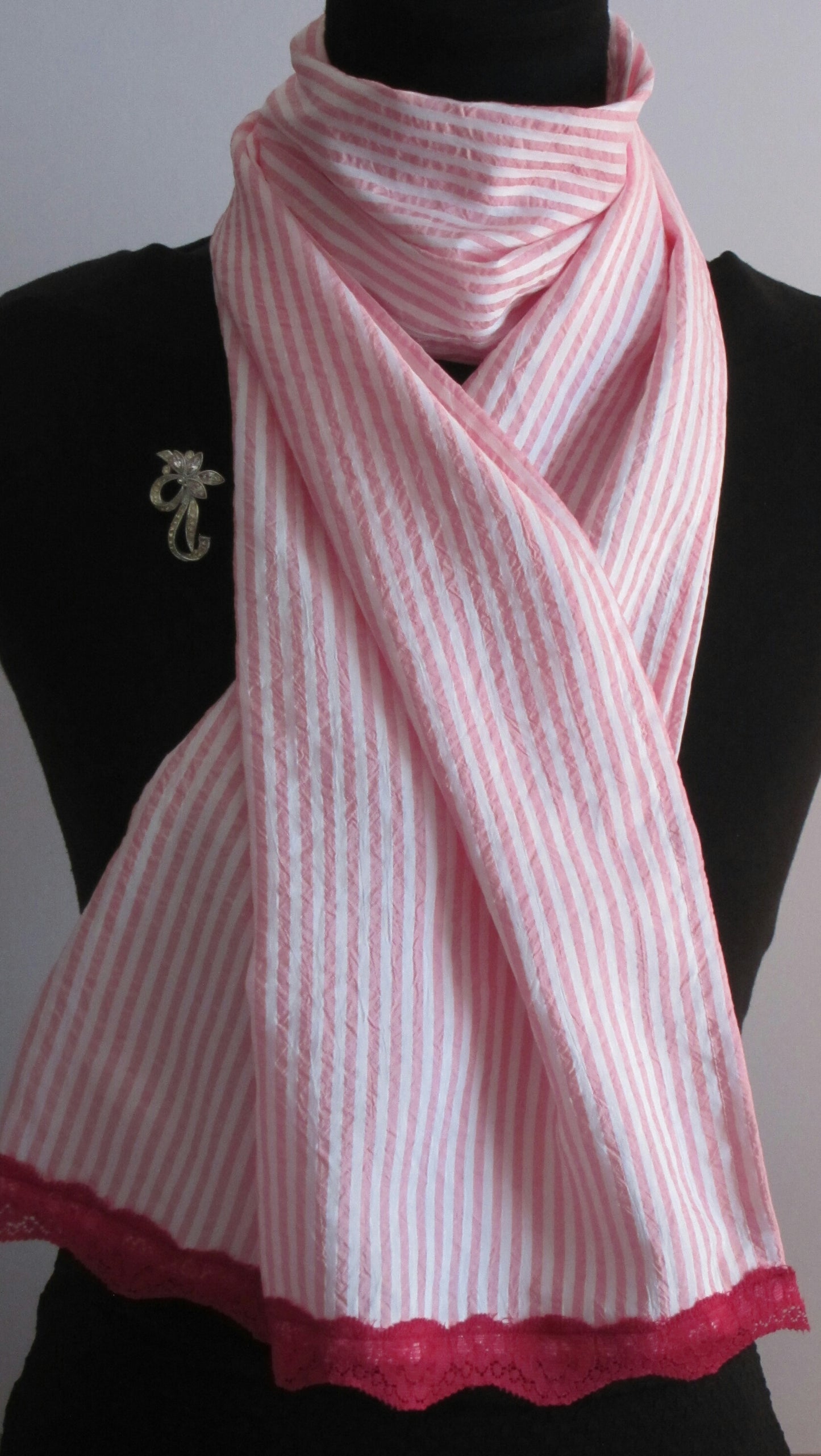 Ladies Cute Pink And White Candy Stripe Scarf With Dark Red Lace Trim
