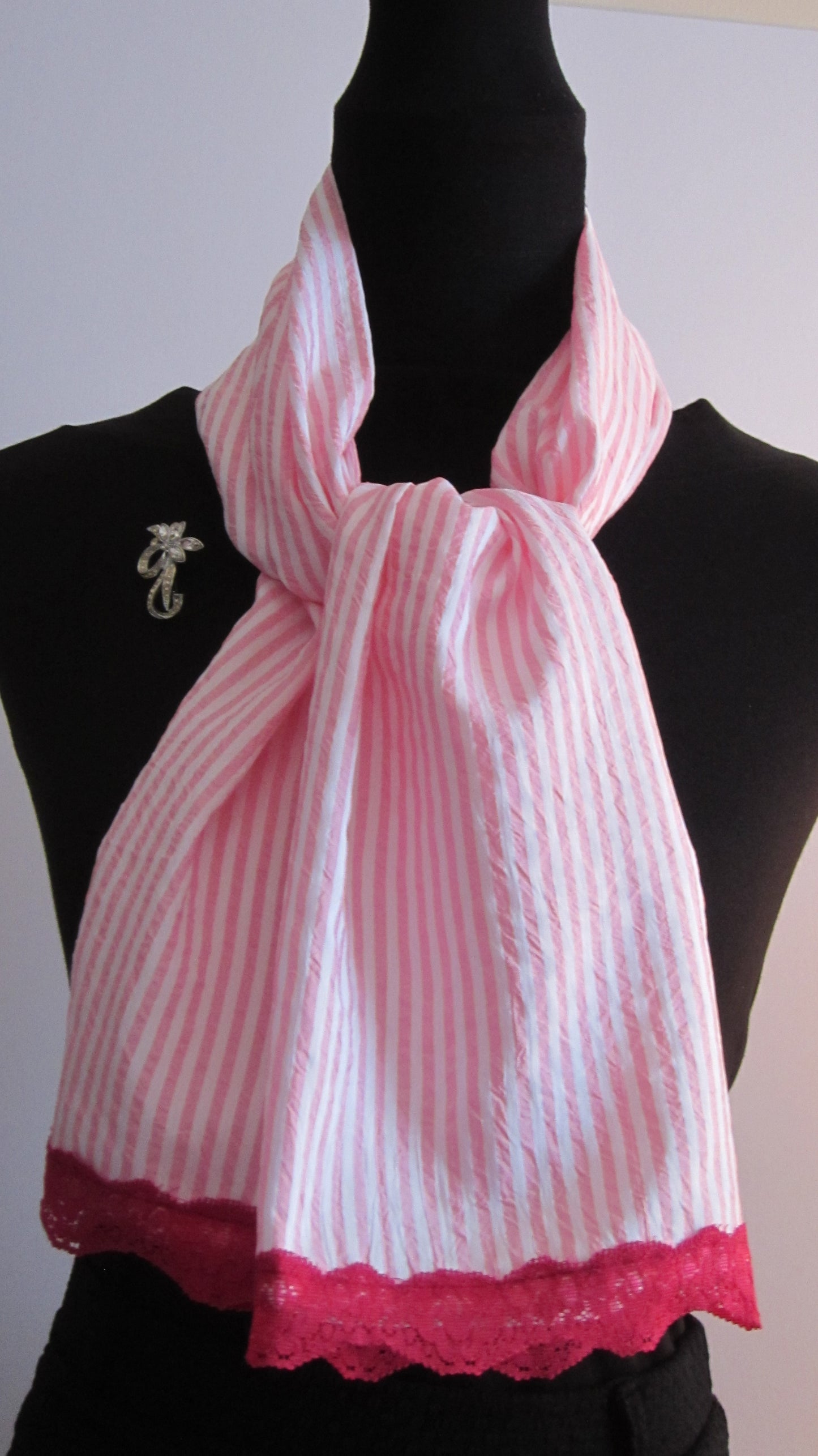 Ladies Cute Pink And White Candy Stripe Scarf With Dark Red Lace Trim