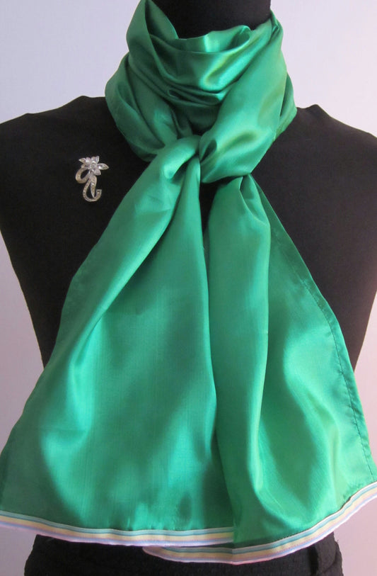 Ladies Green Scarf With Pastel Striped Trim. - Style Showroom 