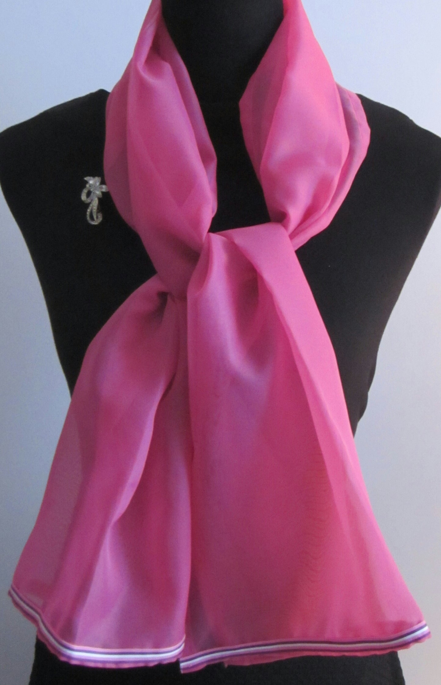 Ladies Cerise Pink Chiffon Scarf With Striped Ribbon Trim