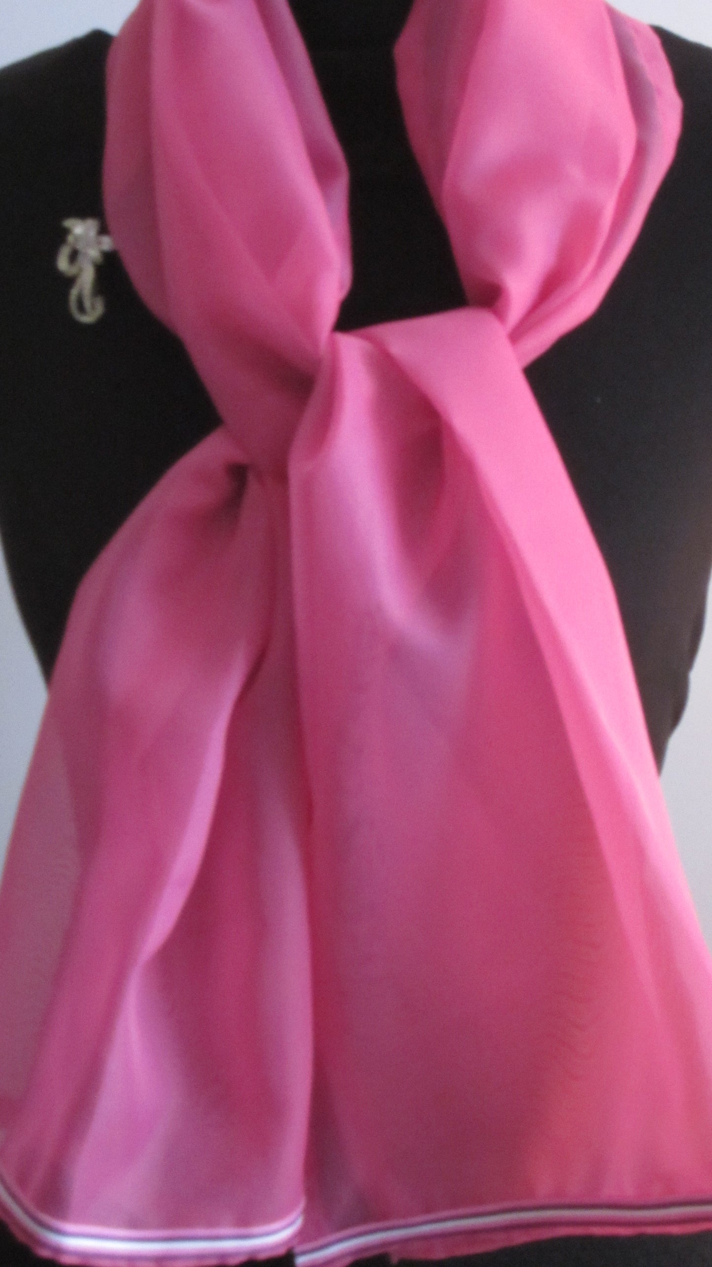 Ladies Cerise Pink Chiffon Scarf With Striped Ribbon Trim
