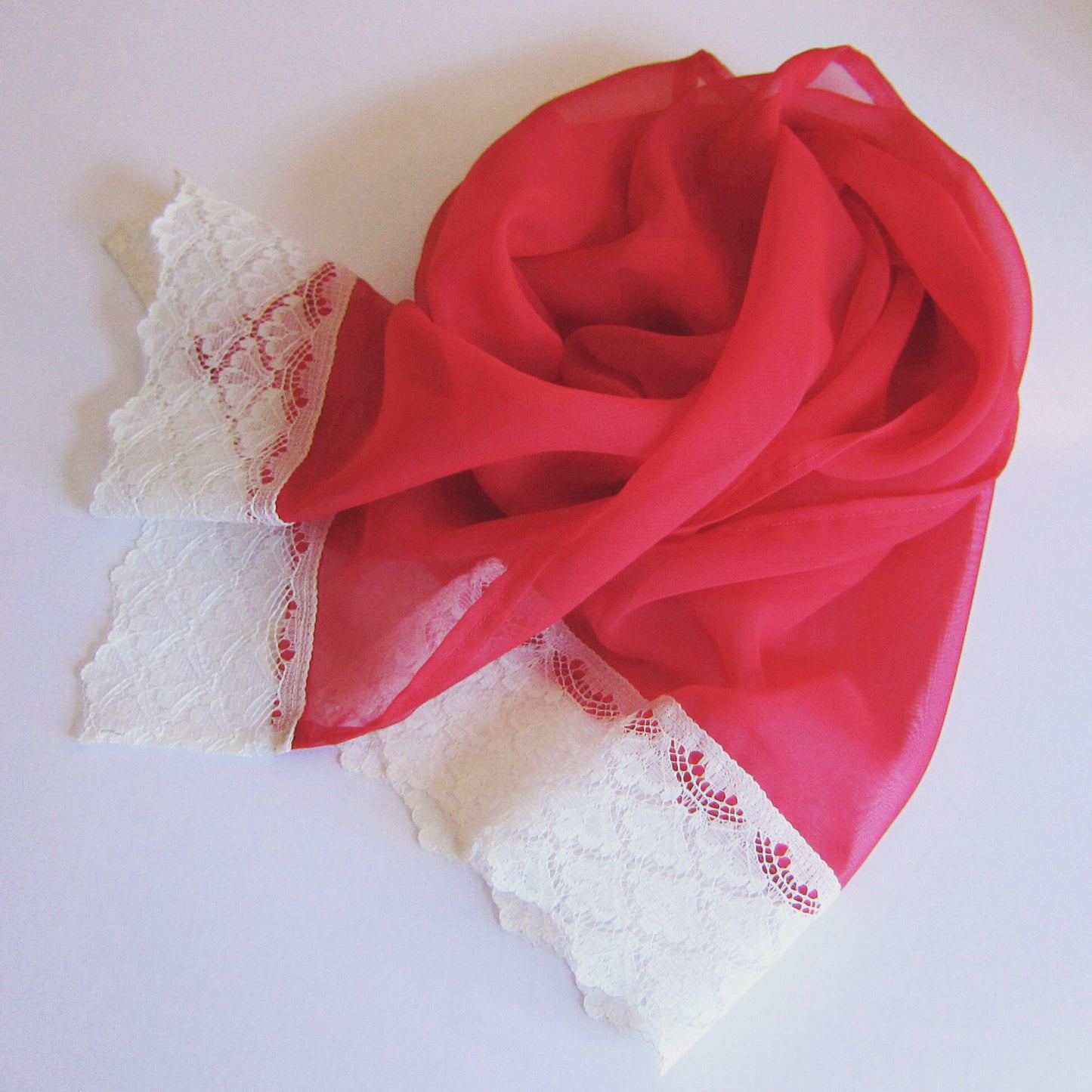 Red Chiffon Scarf With Cream Lace Trim - Style Showroom 