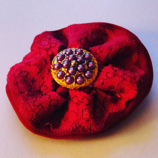 Ladies Red Corsage with Gold and Purple Button Centre - Style Showroom 