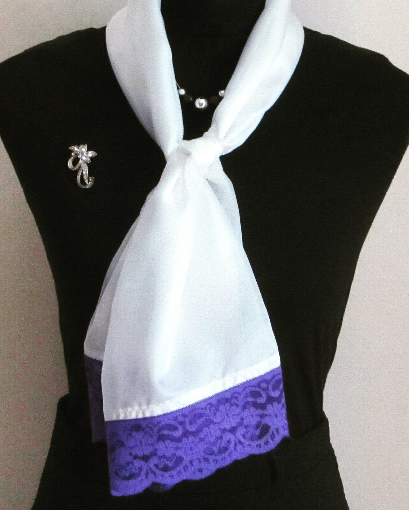 Lightweight Silk Ivory Scarf With Purple Lace Trim - Style Showroom 
