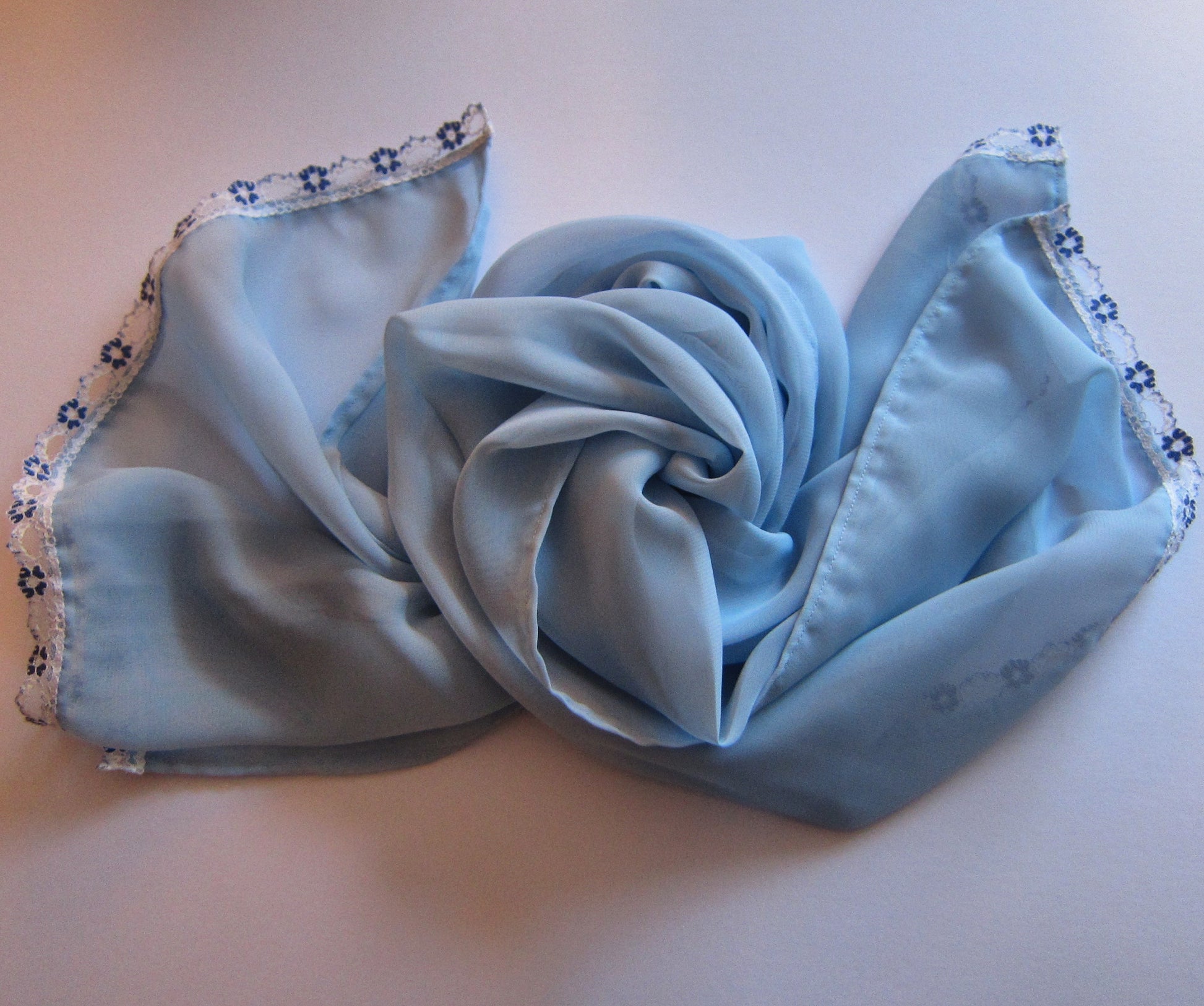 Baby Blue Chiffon Scarf With Floral Lace Trim - Style Showroom 