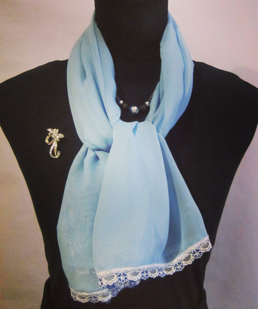 Baby Blue Chiffon Scarf With Floral Lace Trim - Style Showroom 