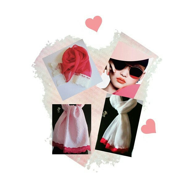 White Chiffon Scarf With Deep Pink Lace Trim - Style Showroom 