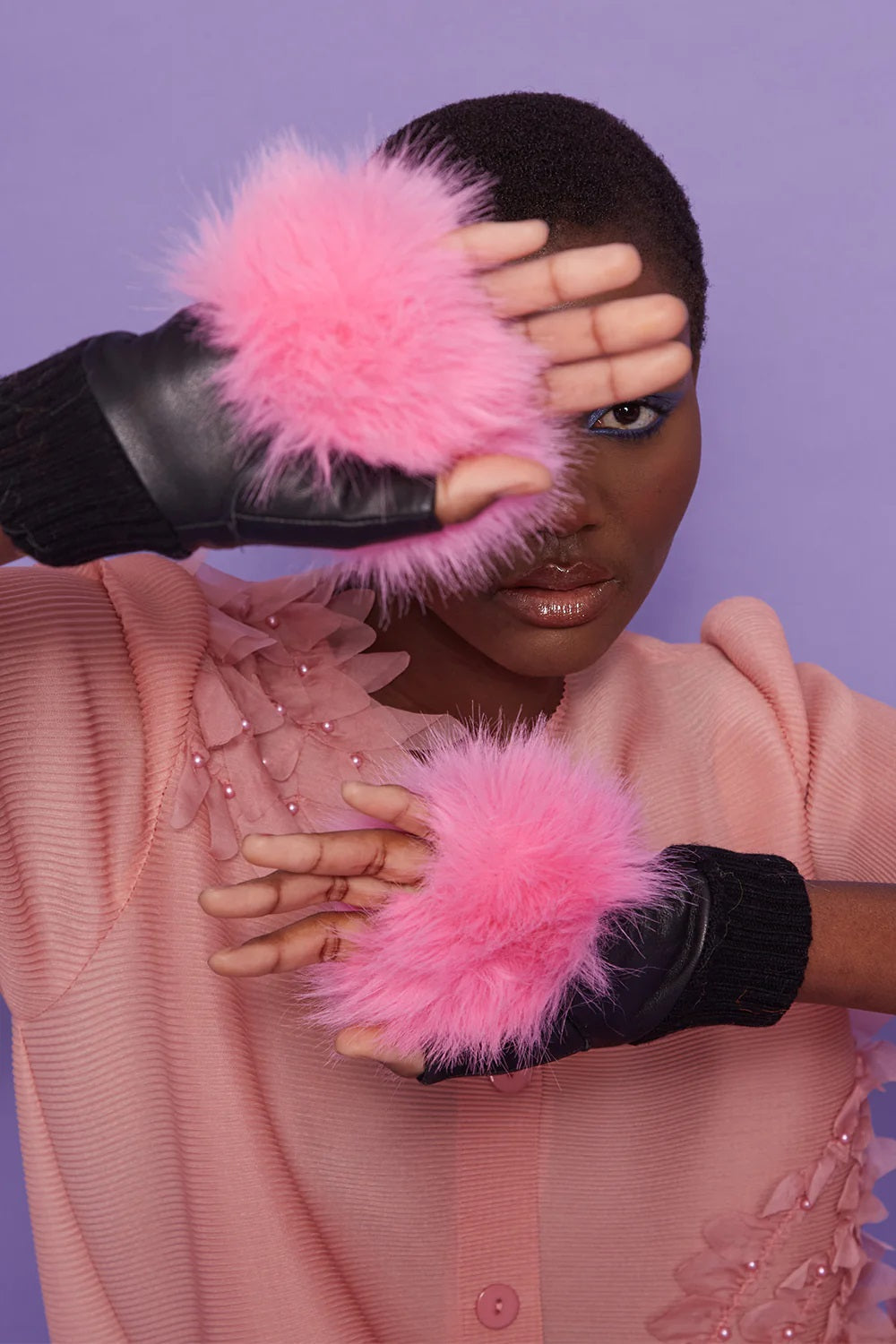 Ladies Pink Faux Fur Fingerless Gloves-1