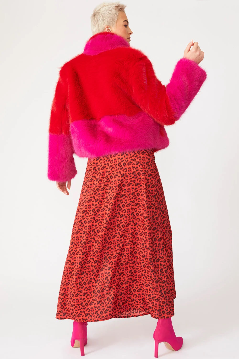 Ladies Red Pink Bamboo Faux Fur Double Cropped Coat-2