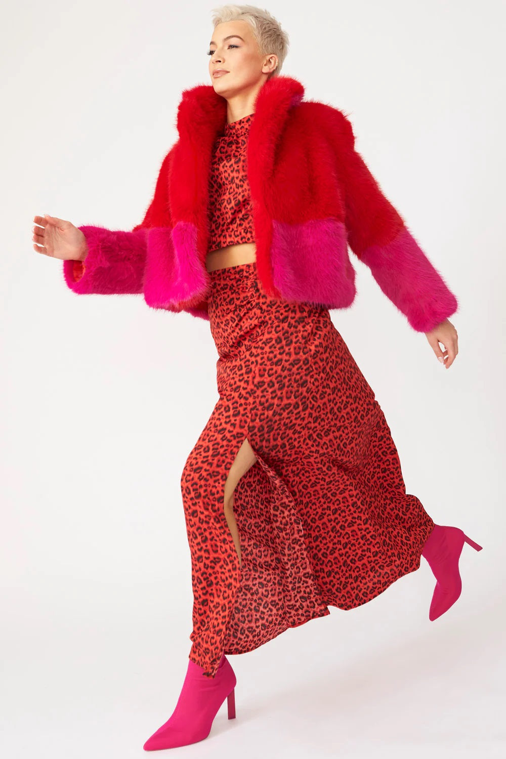 Ladies Red Pink Bamboo Faux Fur Double Cropped Coat-0