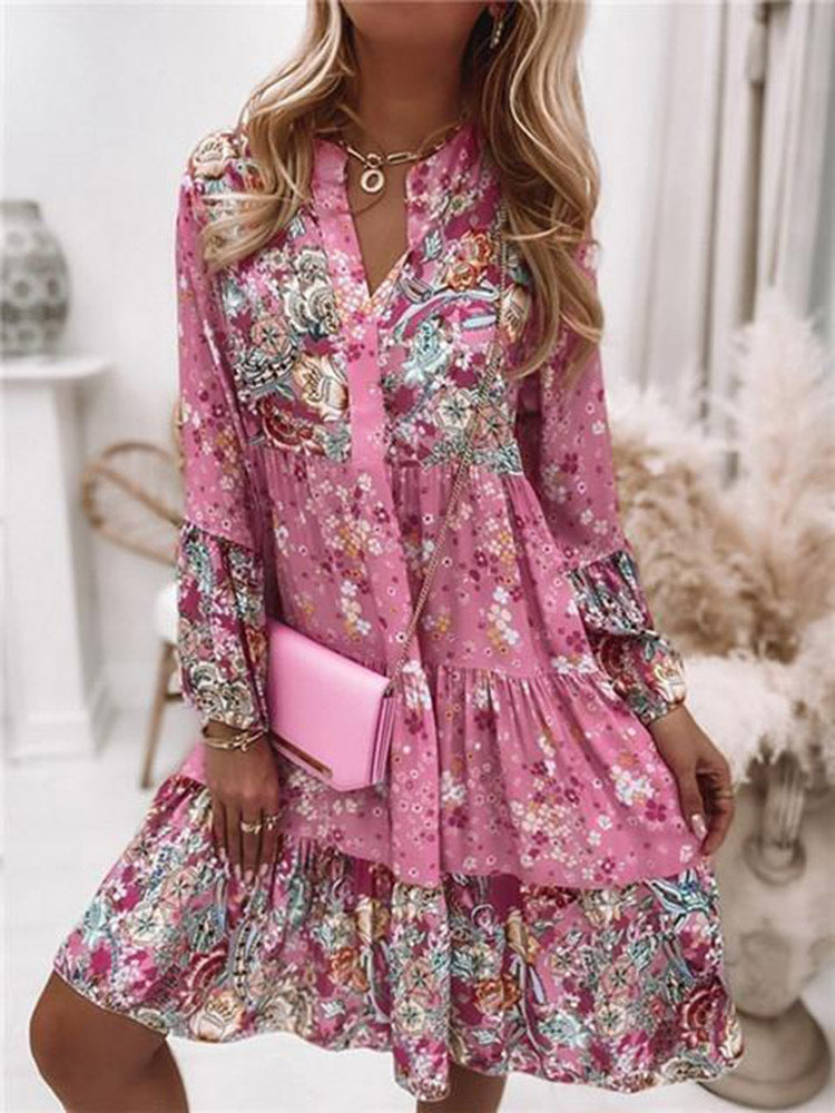 Ladies Elegant Retro Floral Print Summer Mini Dress