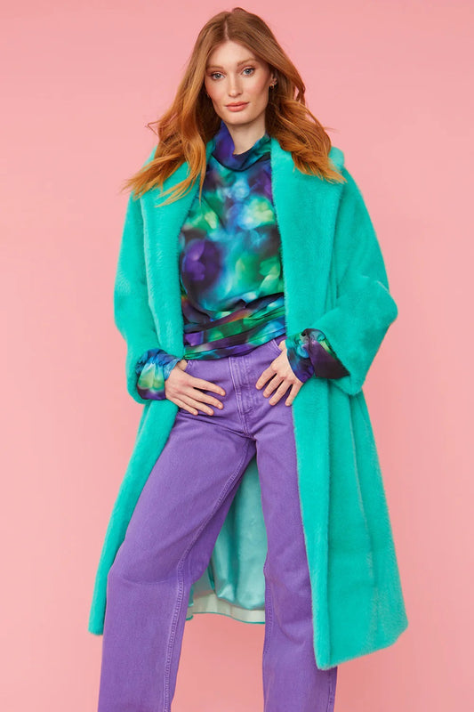Ladies Turquoise Duchess Faux Fur Midi Coat-0