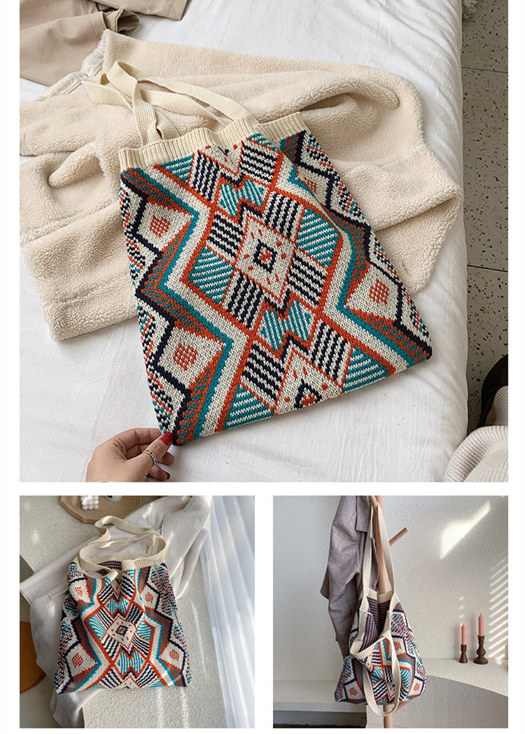 Ladies Knitted Aztec Design Tote Bag