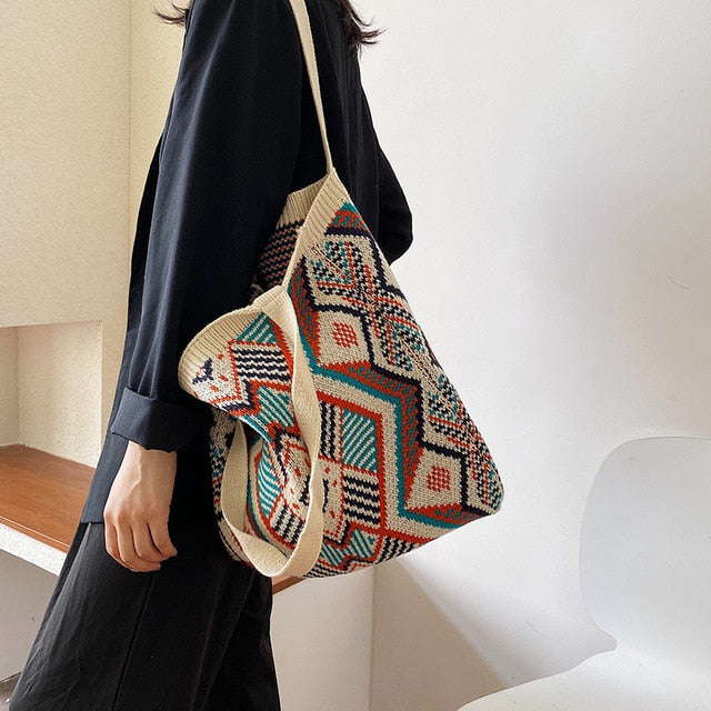 Ladies Knitted Aztec Design Tote Bag