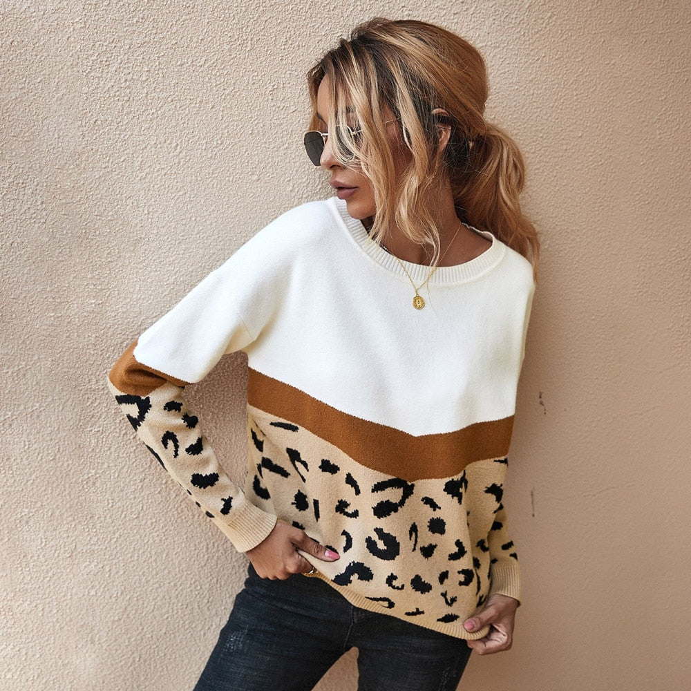Ladies Knitted Leopard Print Patchwork Jumper