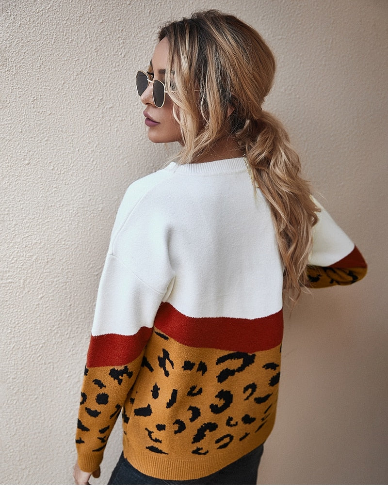 Ladies Knitted Leopard Print Patchwork Jumper