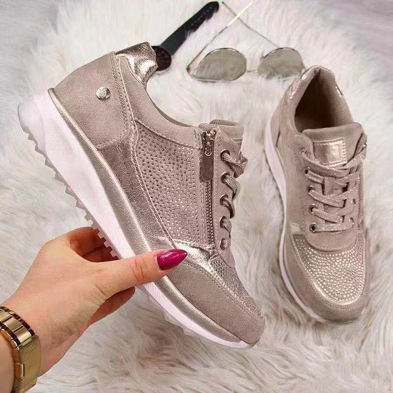 Ladies Beige Trendy Trainers With Zip And Lace Detail