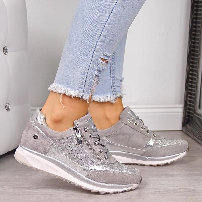Ladies Silver Trendy Trainers With Zip And Lace Detail