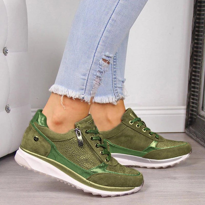 Ladies Green Trendy Trainers With Zip And Lace Detail