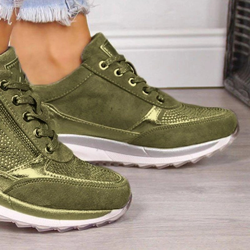Ladies Green Trendy Trainers With Zip And Lace Detail